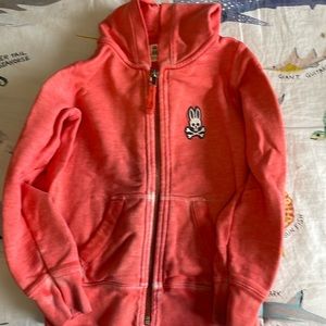 Girls, psycho, bunny, full zip, hooded sweatshirt, size 4 distressed coral color